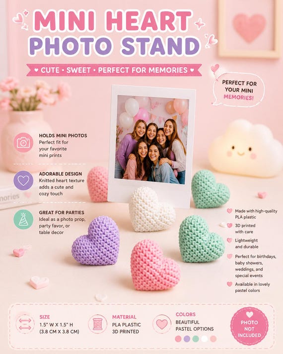 Mini Heart Photo Stand | Set Of 3 | 3D Printed Photo Holder | Heart Picture Display | Mini Photo Holder | Cute Desk Decor | Party Favor