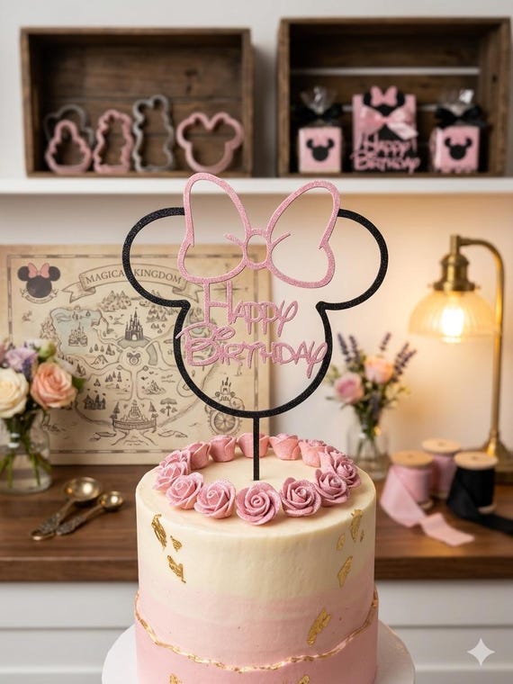 Inspired Minnie Mouse Happy Birthday Cake Topper - 7.25" Tall 3D Printed Decoration - Pink & Black Outline - Magical Birthday Party Supplies