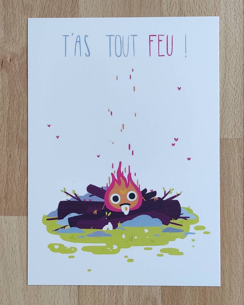 May include: A cartoon illustration of a fire with a face and tongue sticking out. The fire is sitting on a pile of logs with green grass and white flowers around it. The text "T'as tout feu!" is written in blue and red at the top of the image.