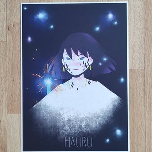May include: A digital illustration of a young woman with dark blue hair and black markings on her face. She is holding a sparkler in her hand and is surrounded by a dark blue background with white stars. The text "HAURU" is printed at the bottom of the image.
