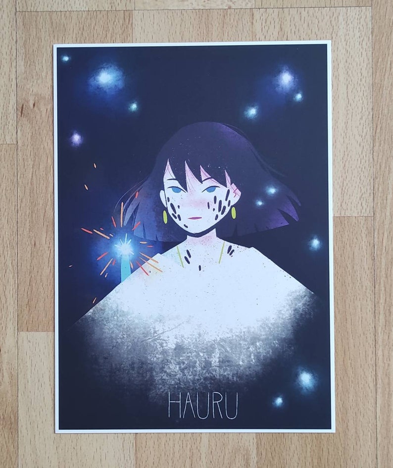May include: A digital illustration of a young woman with dark blue hair and black markings on her face. She is holding a sparkler in her hand and is surrounded by a dark blue background with white stars. The text "HAURU" is printed at the bottom of the image.