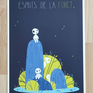 May include: A black and blue illustration of a forest scene with the text "ESPRITS DE LA FORET" at the top. The illustration features four white figures with black eyes and mouths, sitting on blue and yellow rock formations.