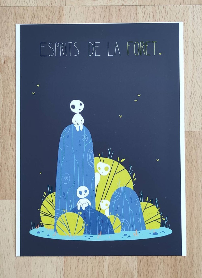 May include: A black and blue illustration of a forest scene with the text "ESPRITS DE LA FORET" at the top. The illustration features four white figures with black eyes and mouths, sitting on blue and yellow rock formations.