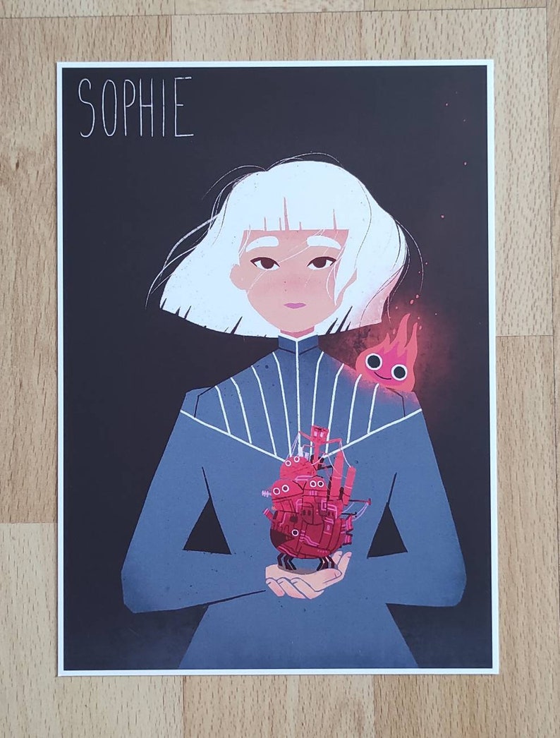 May include: A digital illustration of a woman with white hair holding a red flying machine in her hands. The woman is wearing a blue dress with white stripes. The background is black with the word "SOPHIE" at the top.
