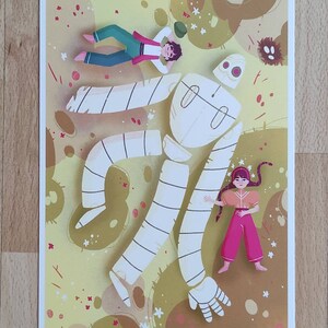 May include: A white, segmented, humanoid figure with striped limbs is lying on a yellow and brown background with small white flowers. Two figures, one in blue and one in red, are lying on top of the figure.