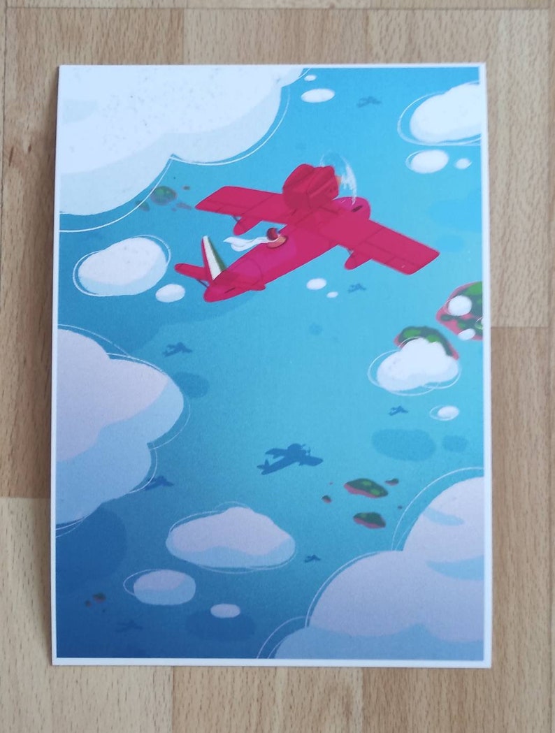 May include: A red airplane flies over a blue sky with white clouds and green islands.