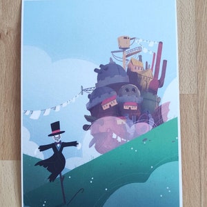 May include: A whimsical illustration of a flying house with a black and white scarecrow in a top hat and tuxedo standing on a green hill. The house is a light brown and gray with a pink cloud around it. The sky is blue with white clouds.
