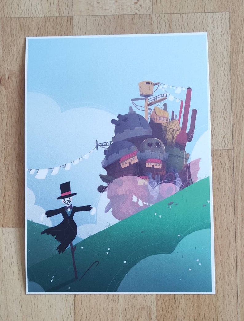 May include: A whimsical illustration of a flying house with a black and white scarecrow in a top hat and tuxedo standing on a green hill. The house is a light brown and gray with a pink cloud around it. The sky is blue with white clouds.