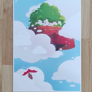 May include: A whimsical illustration of a floating island with a green forest and white buildings, surrounded by fluffy white clouds. A red and white glider flies in the sky.