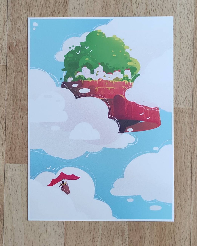 May include: A whimsical illustration of a floating island with a green forest and white buildings, surrounded by fluffy white clouds. A red and white glider flies in the sky.