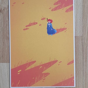 May include: A digital illustration of a person with red hair wearing a blue robe and holding a staff. The person is walking on a path with orange and red ground.
