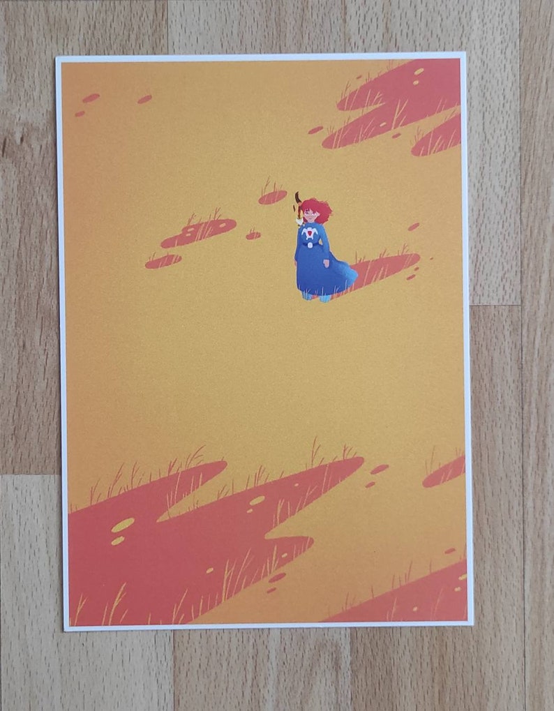 May include: A digital illustration of a person with red hair wearing a blue robe and holding a staff. The person is walking on a path with orange and red ground.