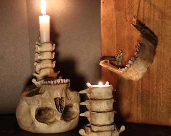 May include: A candlelit scene featuring skull and spine-shaped candle holders. A lit white candle sits atop a skull-shaped holder, and a smaller spine-shaped holder holds a lit tea light. A jawbone hangs on a wooden plaque.