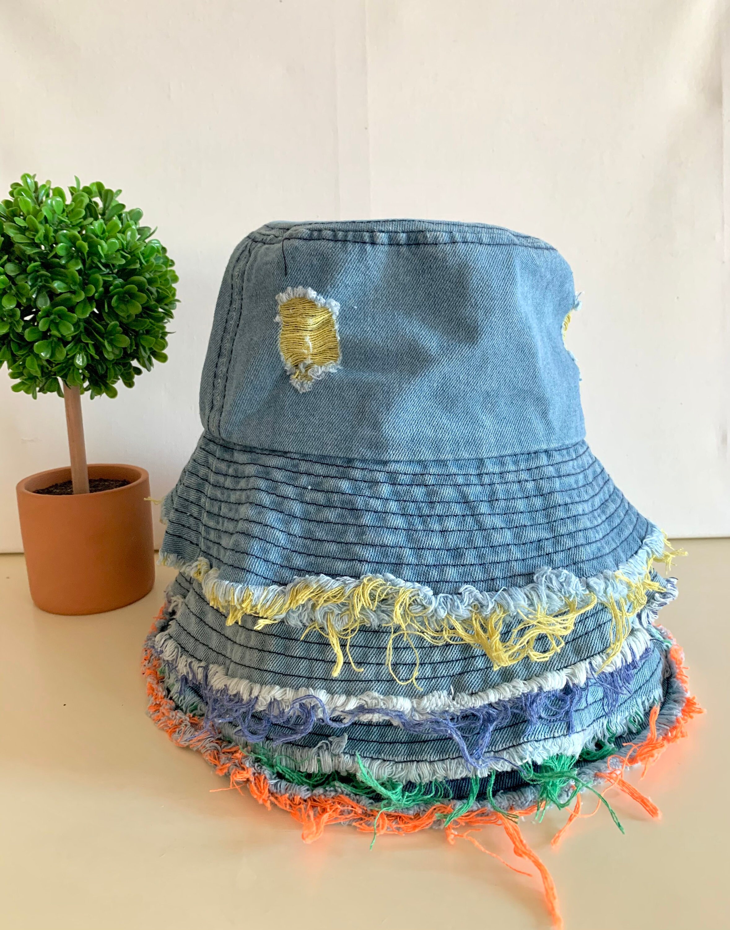 Classic distressed denim bucket hat available in different Etsy