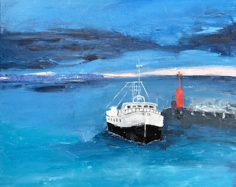 朝の太陽 - オリジナルのガッシュの絵画、海の景色、海景の絵画、海に