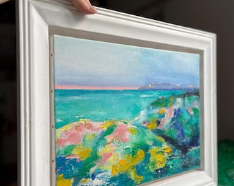 Coastal Seascape Painting with Wooden Frame