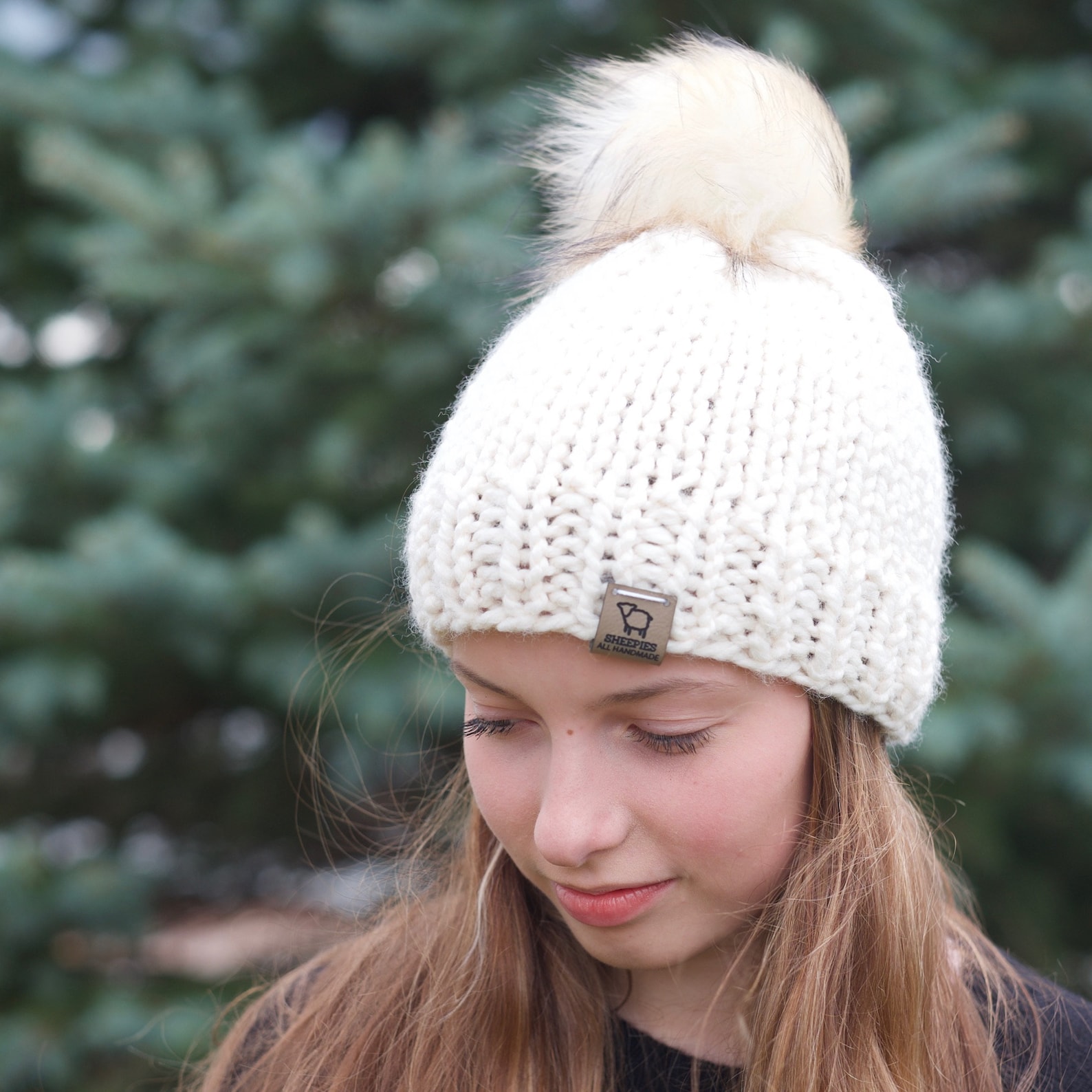 White knit hat with pom / white knit beanie with pom / Adult Etsy