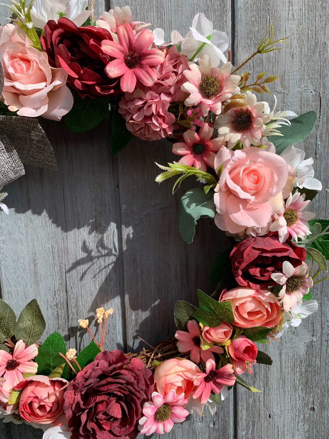 Beautiful artificial flower wreath in deep reds and pinks Etsy