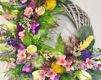 Luxury Spring Willow door wreath with mixed lavender flowers & tulips