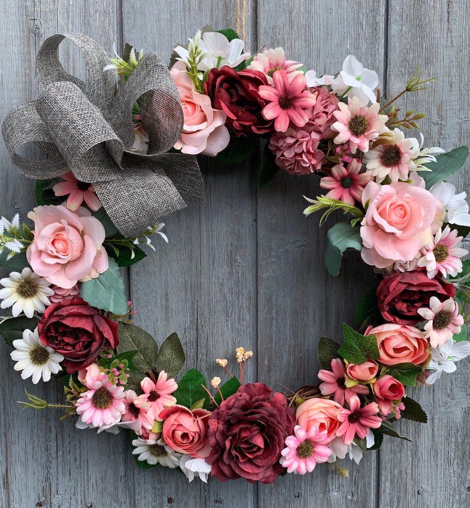 Beautiful artificial flower wreath in deep reds and pinks Etsy
