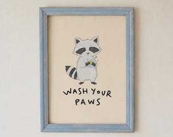 Raccoon Bathroom Wall Art, Wash Your Paws Printable, Animal Bathroom Decor, Digital Download