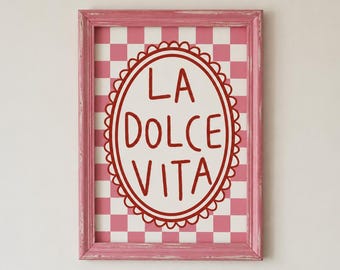 La Dolce Vita Print, Pink Checkerboard Wall Art, Retro Kitchen Decor, Printable Digital Download
