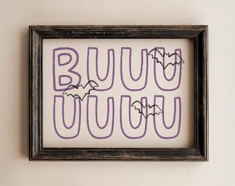 Halloween Wall Art, Purple Boo Poster with Bats, Printable Decor for Kids Room Digital
