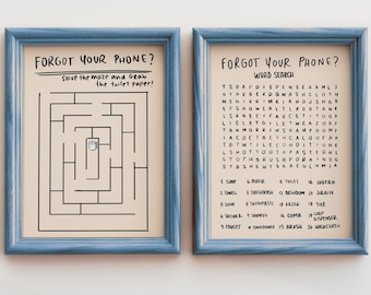 Word Search Bathroom Art Set | Printable Puzzle Decor for Guest Toilet, Maze, and Humor
