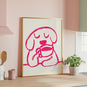 Adorable Minimalist Dog Coffee Art Print - Whimsical Pink Pet Wall Decor for Kitchen, Nursery, or Office - Cute Modern Home Print