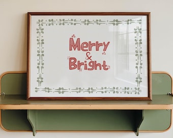 Merry and Bright Christmas Printable, Retro Folk Holiday Wall Art Digital Download