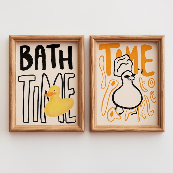 Playful Bathroom Art Set | Bath Time Rubber Duck & Time to Sparkle Prints | Fun Wall Decor for Kids and Adults | Digital Download