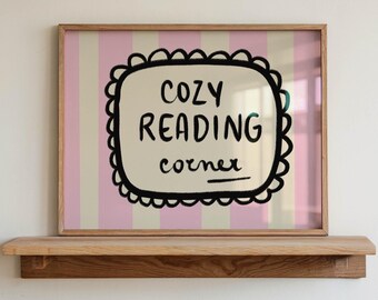 Cozy Reading Corner Printable Wall Art, Pink Retro Book Nook Decor, Digital Download