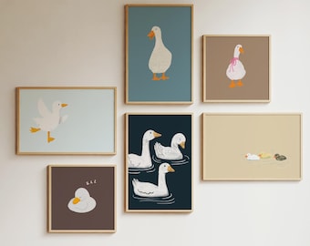 Goose Nursery Prints Set of 6, Muted Blue and Neutral Kids Room Digital Download