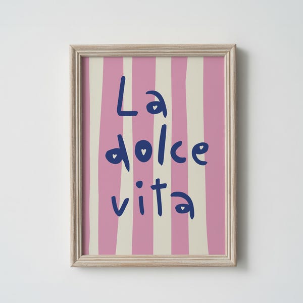 La Dolce Vita-tryck, rosa randigt citat, modern digital nedladdning