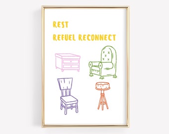 Rest Refuel Reconnect Print, Bauhaus Exhibition Poster, Colorful Hand Drawn Print, Bauhaus Art Gift, Trendy Wall Art, Minimalist Home Decor