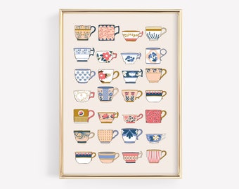 Tea Cup Print, Tea Cup Poster, Tea Wall Art, Kitchen Art Print, Bar Cart Art Print, Kitchen Decor, Vintage Tea Cup Poster, Digital Download