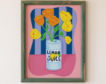 Kitchen Wall Art, Lemon Juice Flower Illustration, Contemporary Digital Download