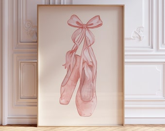 ribbon with ballet shoes watercolor wall art, pink ballet shoes wall decor, nursery room wall art, girly room wall decor, digital download