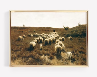 Vintage Nursery Wall Decor | Sheep Painting | Vintage Sheep Flock |Vintage Landscape Print | Farmhouse Decor| English Farmhouse PRINTABLE