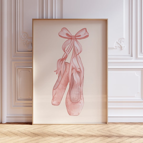 ribbon with ballet shoes watercolor wall art, pink ballet shoes wall decor, nursery room wall art, girly room wall decor, digital download