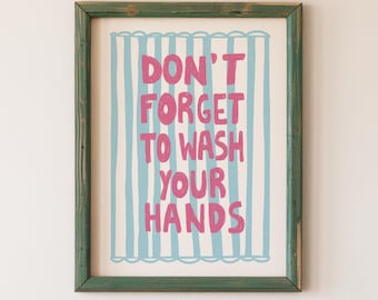 Wash Your Hands Printable Poster, Retro Pink Blue Bathroom Decor, Kids Hygiene Wall Art