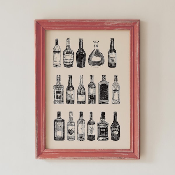 Vintage Liquor Bottle Art Print | Black & White Bar Cart Decor (Digital Download)