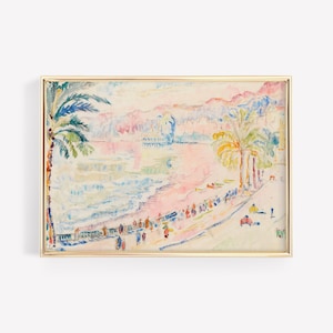 vintage pastel beach painting, beach wall art, colorful wall art, beach house decor, summer wall art, pink coastal prints, digital download