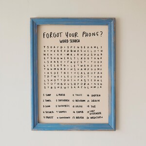 Bathroom Word Search Print, Forgot Your Phone Sign, Funny Guest Bath Wall Art image 1