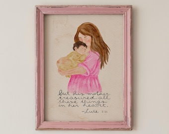 Christian Nursery Wall Art | Watercolor Mother and Baby with Luke 2:51 Scripture