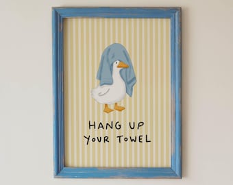 Duck Bathroom Wall Art, Hang Up Your Towel, Yellow Striped Printable, Digital Download