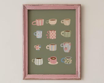 Coffee Cup Wall Art, Sage Green Printable Kitchen Poster for Cozy Cafe Decor