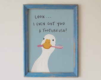 Funny Duck Bathroom Poster, Toothbrush Wall Art Print for Bathroom Decor