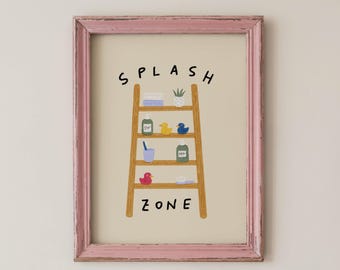 Väggkonst för barnbadrum, utskrivbar affisch med Splash Zone, digital dekoration för badkar med gummianka