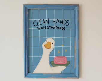 Whimsical Duck Print, Blue Tile Bathroom Wall Art, Clean Hands High Standards Digital Download